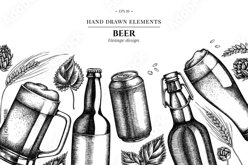 Floral design with black and white rye, hop, mug of beer, bottles of beer, aluminum can