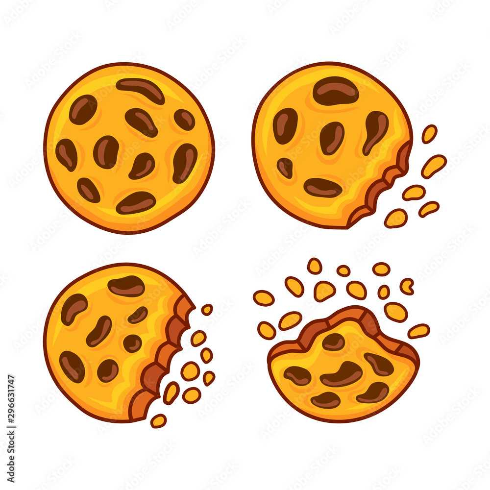 Set of cartoon chocolate chip cookies. Vector illustration. Set of cartoon chocolate chip cookies. Vector illustration.