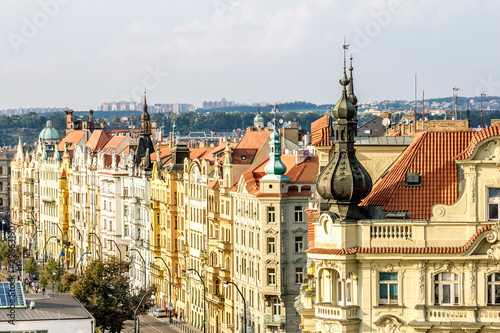 View of houses on Masaryk Embankment in Prague.