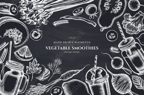 Floral design with chalk lemons, broccoli, radish, green beans, cherry tomatoes, beet, greenery, carrot, basil, pumpkin, smoothie cup, smothie jars, cucumber, celery