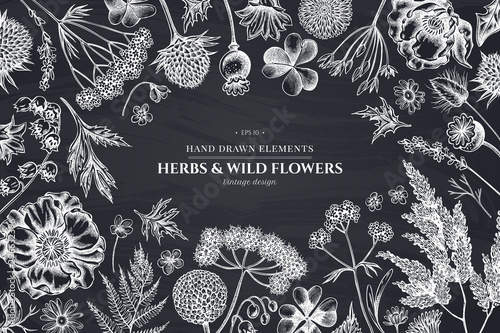 Floral design with chalk shepherd's purse, heather, fern, wild garlic, clover, globethistle, gentiana, astilbe, craspedia, lagurus, black caraway, chamomile, dandelion, poppy flower, lily of the