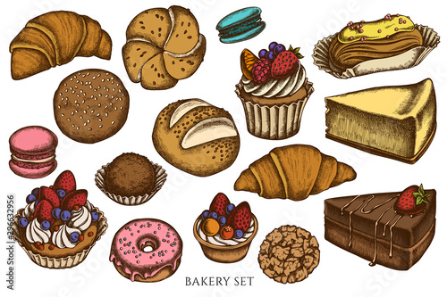 Vector set of hand drawn colored macaron, buns and bread, croissants and bread, cheesecake, eclair, cupcake, cake, donut, cookie, truffle, cake, tartlet