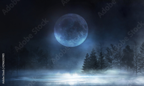 Abstract dark empty scene. Neon light, silhouettes of trees, water, big moon. Abstract night landscape. Dark forest background.