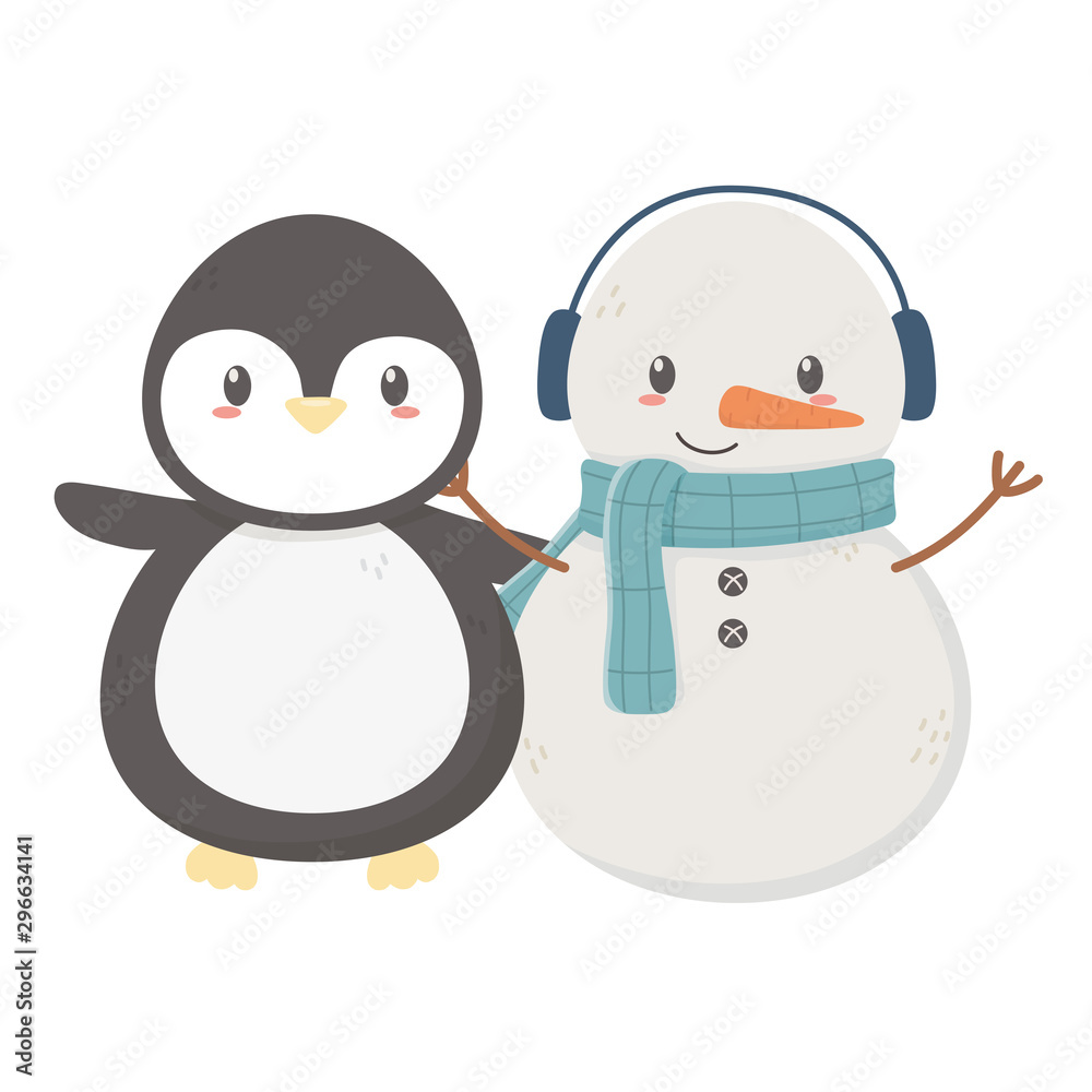 Fototapeta premium snowman with scarf and penguin celebration merry christmas