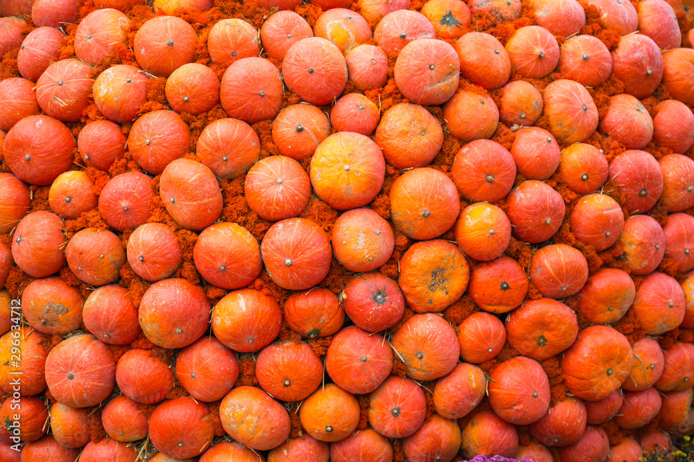 Wall background of orange summer pumpkin in bright orange color. Food, vegetables, agriculture, healthy foods.