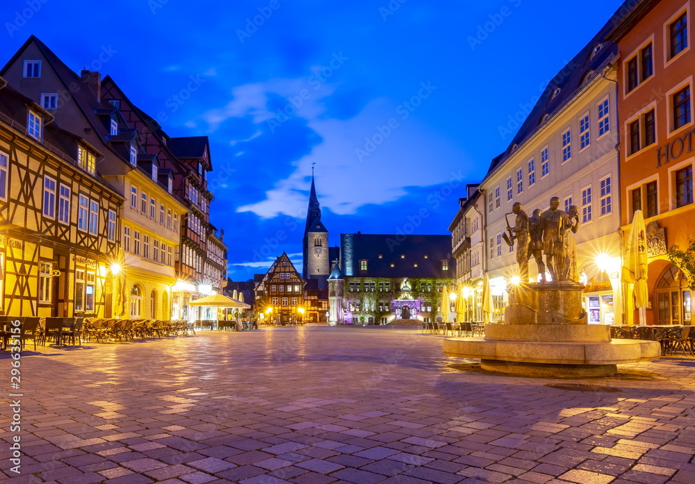 Market square with Town Hall at night, Quedlinburg, Germany