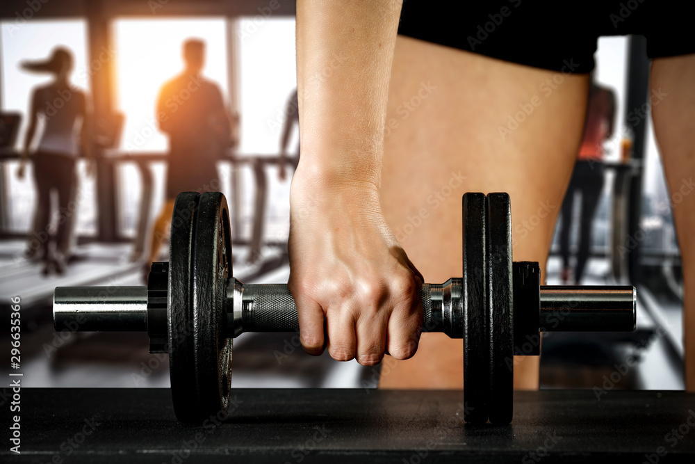 Dumbbell, barbell and workout in the gym. Space for products and decorations or text with blurred gym background. Dumbbell, barbell and workout in the gym. Space for products and decorations or text with blurred gym background.