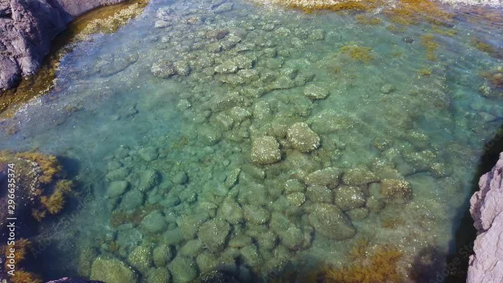 4K video of natural volcano lava pools in Seixal. The wild waves of the Atlantic Ocean. It is Madeira Island, Portugal. Pure clear water in the pool with stones and Sea corals