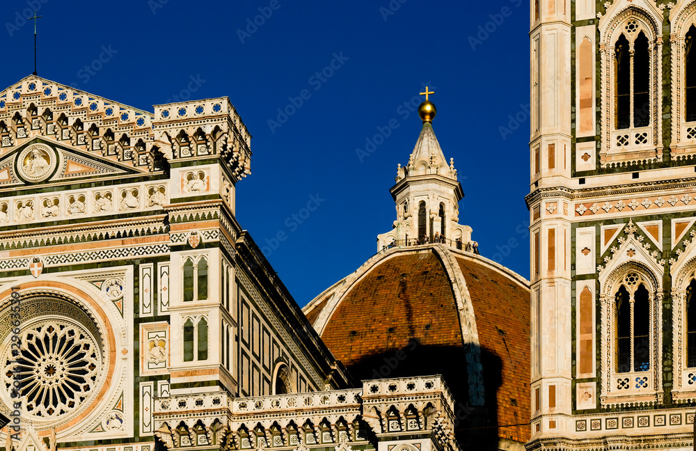 view of a cathedral and Giotto's bell tower, Duomo Santa Maria Del Fiore, Piazza Del Duomo, Florence, Tuscany, Italy