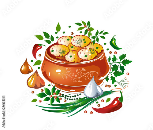 Stewed potatoes in a ceramic pot, vegetables and herbs. Vector illustration.