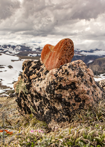 Beautiful, pink, heart-shaped stone in the wild photo