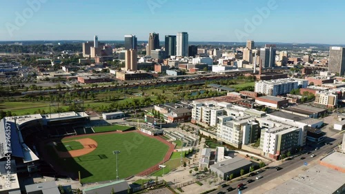 Aerial View Flying In Over Ball Park towards downtown Birmingham Alabama