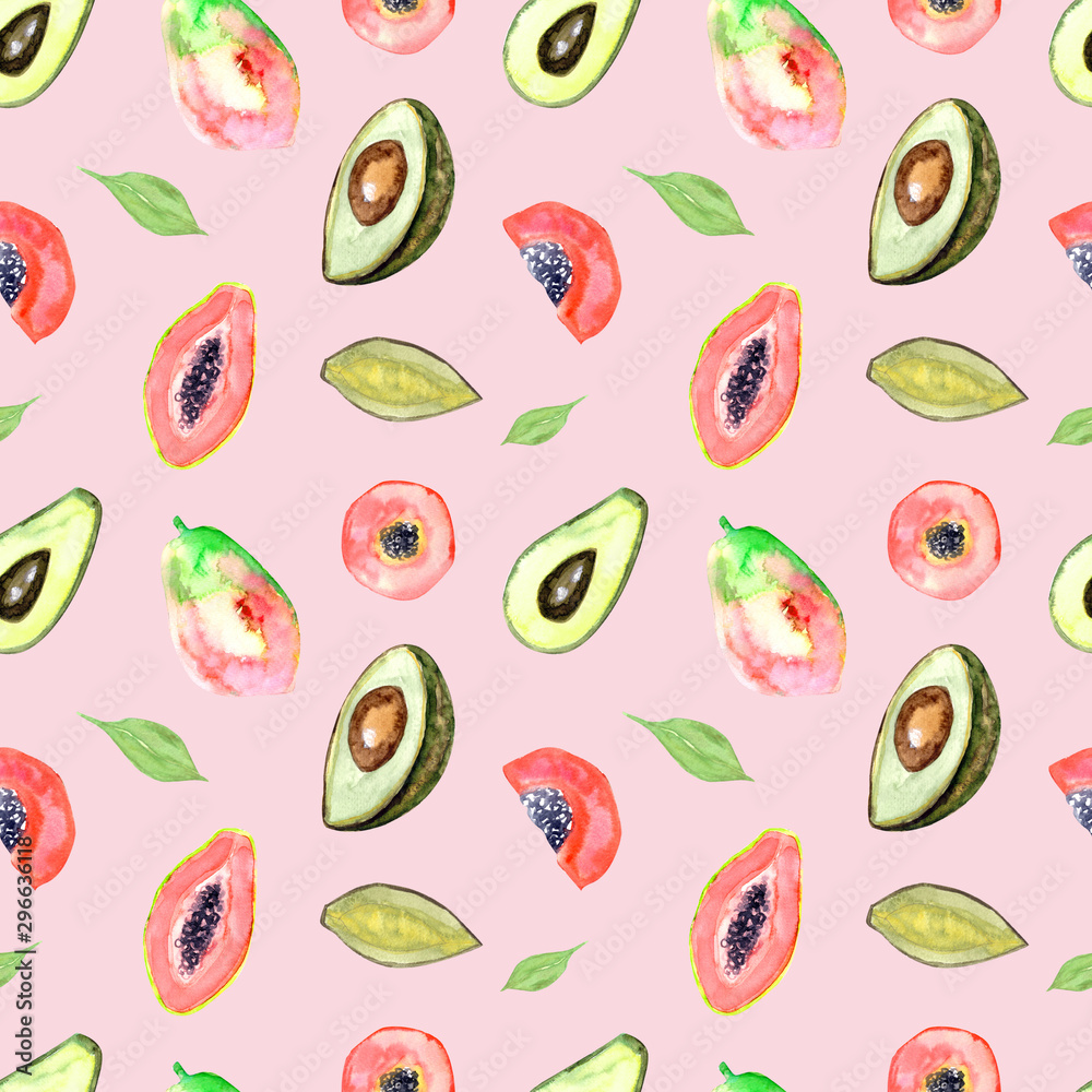 Tropical pattern, exotic seamless pattern with papaya and avocado on pink background.Watercolor painting, hand drawn summer illustration. Tropical pattern, exotic seamless pattern with papaya and avocado on pink background.Watercolor painting, hand drawn summer illustration.