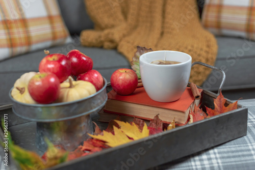 Herbal tea and apples on galvanized tray