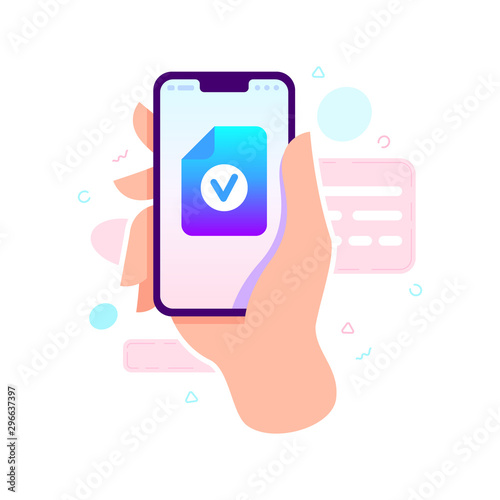 Hand holding phone with document sent or received. Sending message concept. Vector flat cartoon illustration for web sites and banners design