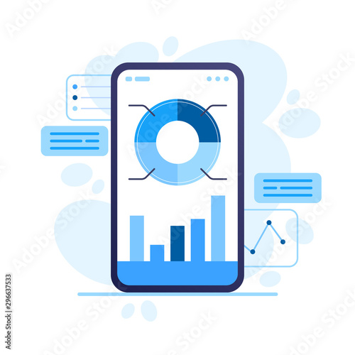 Visualize with graph and chart marketing growth. Market trend analysis on smartphone with line chart and graphs. Data analysis concept. Vector flat illustration