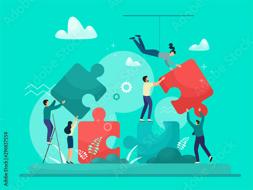 Business concept. People connecting puzzle elements. Symbol of teamwork, partnership, cooperation. Vector isolate on a white background in trend color.