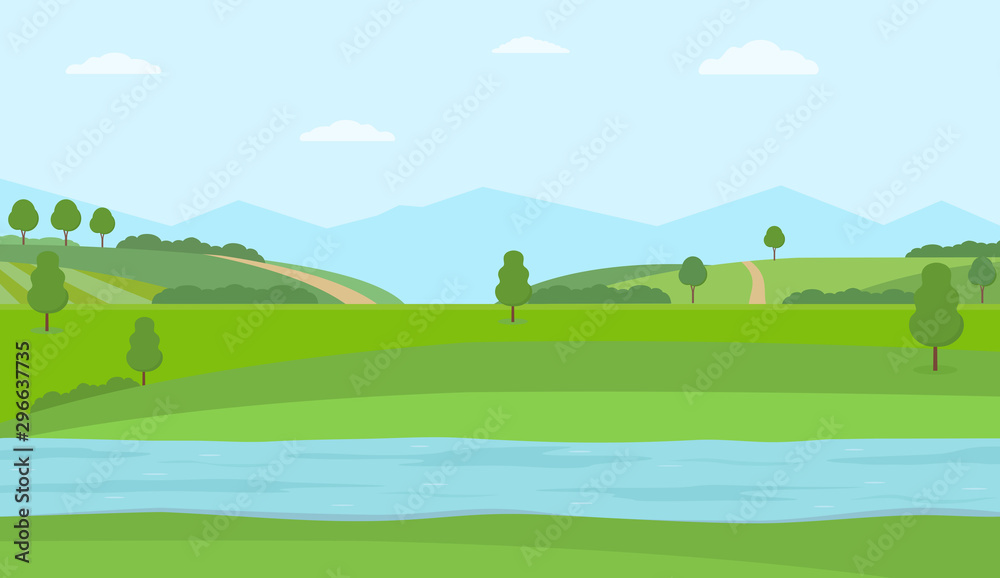 Flat vector illustration with river, green hills and mountains. Rural summer landscape. - obrazy, fototapety, plakaty 