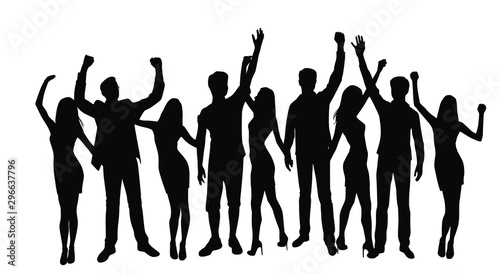 Set vector silhouettes men and women dancing, profile, hands up, different poses, group business people, black color, isolated on white background