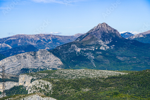 High angle landscape view over the dramatic and beautiful mountains of the Verdon Gorges area, Alpes, Provence, France.