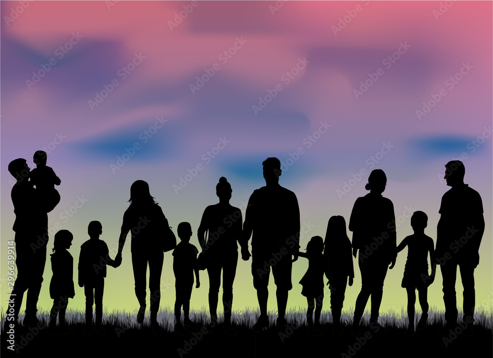 Family silhouettes in nature, vector work.