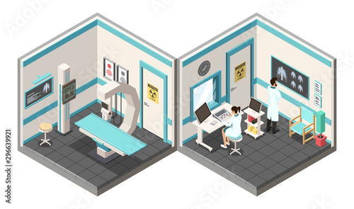 Isometric medical concept. Modern clinic design with nursing staff, roentgen equipment decorative elements.