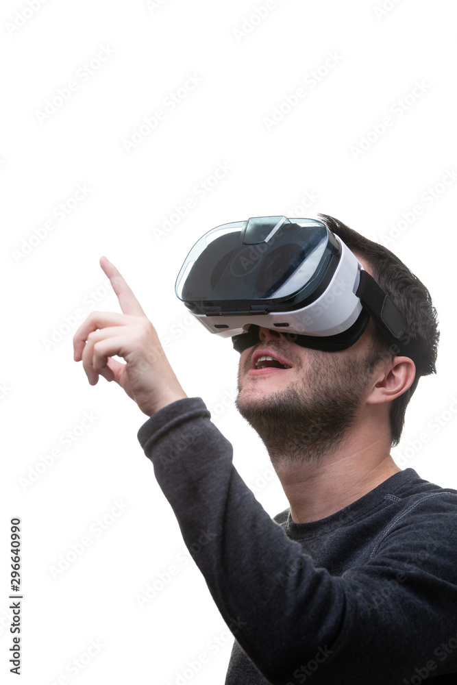 Man is using virtual reality headset. Isolated on white background. Man is using virtual reality headset. Isolated on white background.
