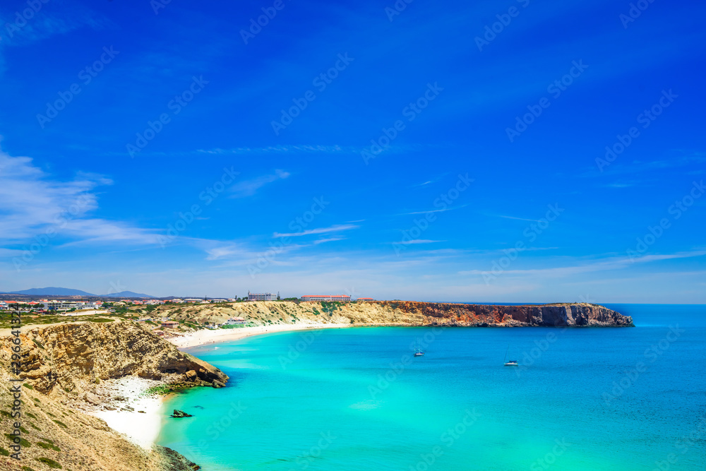 View on coastline with ocean and beach at Sagres at Algarve in Portugal