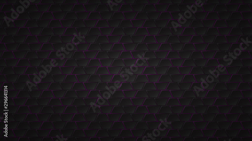 Abstract dark background of black trapezium tiles with purple gaps between them