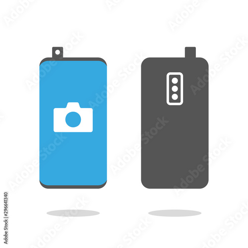 Frameless smartphone with retractable front camera and camera icon on the screen. Smartphone with front retractable camera. Modern phone sign, vector graphics. EPS 10