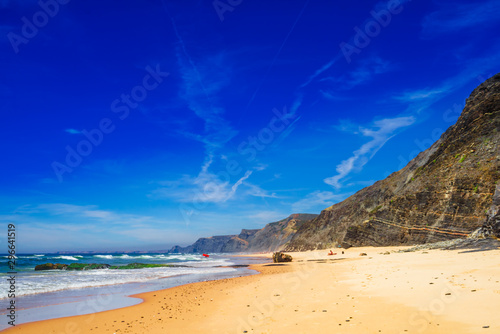 View on beautiful beach Praia do Castelejo at the Algarve coast in Portugal