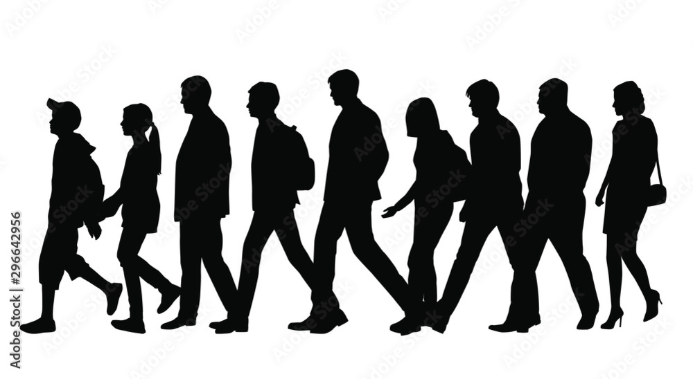 Vector silhouettes of  men,  women ahd teenagers, a group of walking  business people, black color isolated on white background