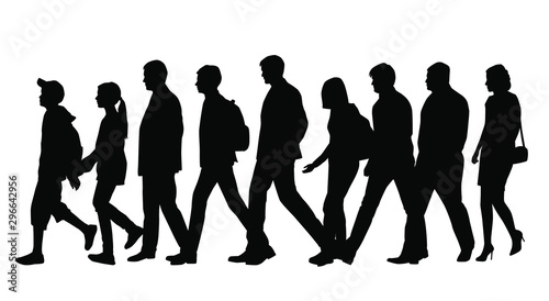 Vector silhouettes of men, women ahd teenagers, a group of walking business people, black color isolated on white background