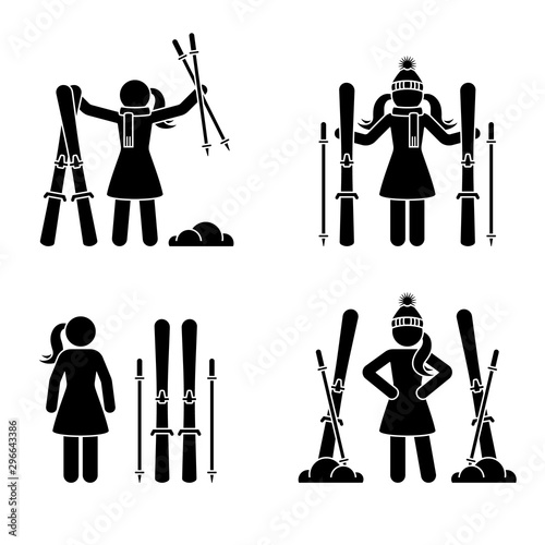 Skier woman standing with ski stick figure vector icon pictogram set. Winter snow fun sport leisure lifestyle holiday active game silhouette on white background