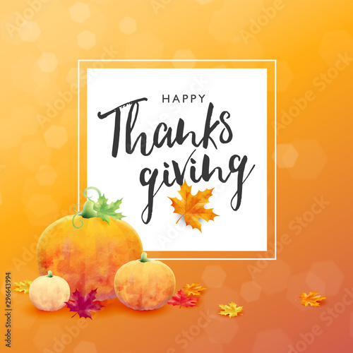 Autumn thanksgiving marketing design layout. Happy thanksgiving banner concept. Maple theme design with pumpkins on orange bokeh background. Vector illustration template.