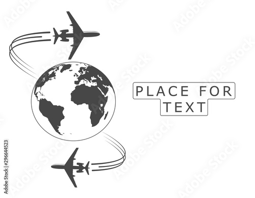 Airplane. Silhouette soaring around the globe. A twisting plane trail. Illustration with space for text. Vector monochrome style.