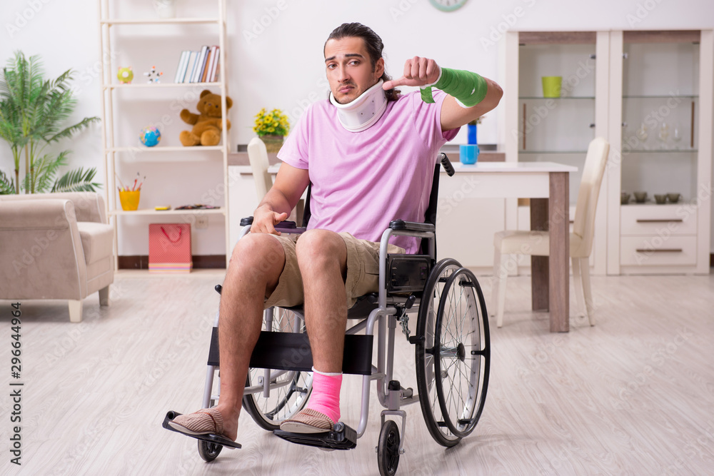 Young man suffering at home after car accident Young man suffering at home after car accident