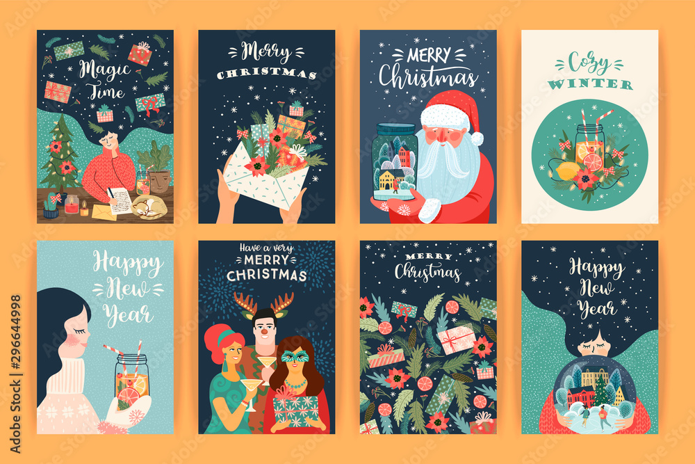 Set of Christmas and Happy New Year illustrations. Vector design templates. Set of Christmas and Happy New Year illustrations. Vector design templates.