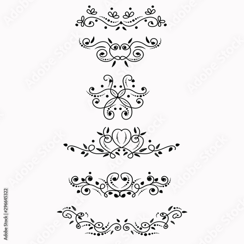 Decorative swirls dividers. Wreath ornaments with leaves vectors.   Set Collection of Vintage Ornament Elements, Hand drawn vector dividers. Doodle design elements. Floral elements illustration