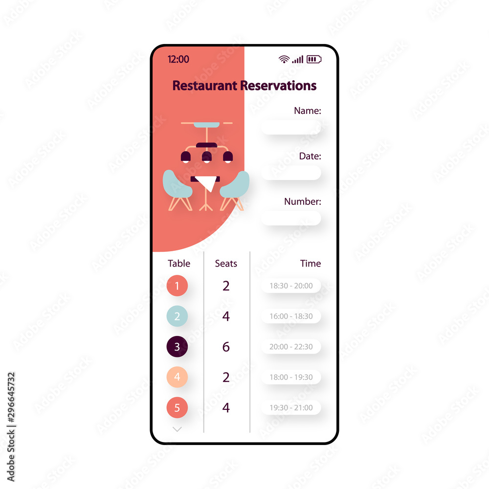 Restaurant reservations smartphone interface vector template. Mobile app  page red and white design layout. Table reserve screen. Flat UI for  application. Meal planning. Phone display Stock Vector | Adobe Stock