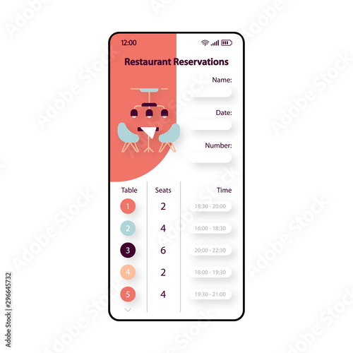 Restaurant reservations smartphone interface vector template. Mobile app page red and white design layout. Table reserve screen. Flat UI for application. Meal planning. Phone display
