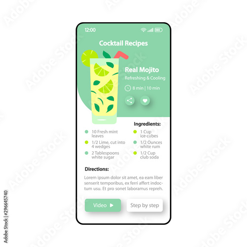 Cocktail recipes smartphone interface vector template. Mobile app page green and white design layout. Beverage preparation screen. Flat UI for application. Real mojito ingredients. Phone display