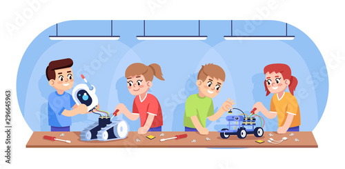 Kids assembling robots flat vector illustration. Automated constructor for children. After school club. Robotics courses for youngsters. Boys and girls creating electronic toys cartoon characters