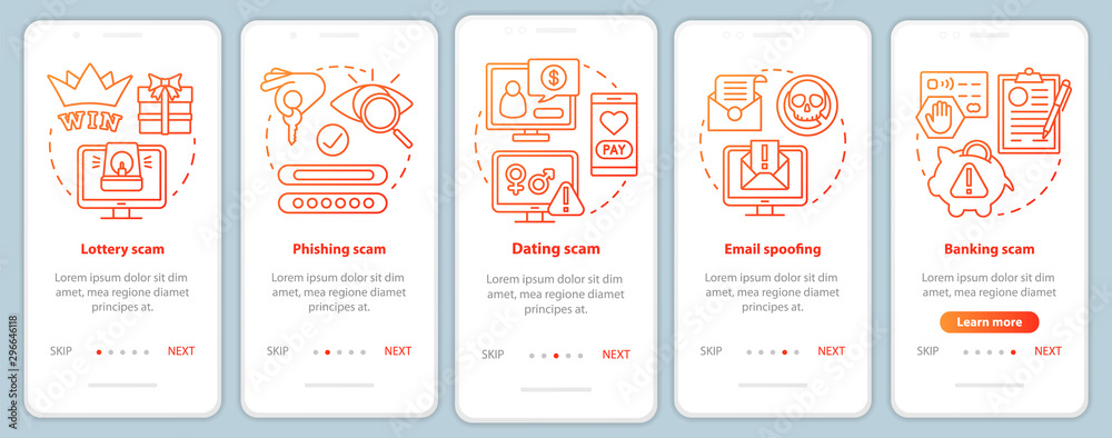 Scam types onboarding mobile app page screen vector template. Walkthrough website steps with linear illustrations. Phishing scam. UX, UI, GUI smartphone interface concept