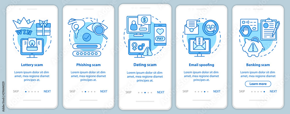 Scam types onboarding mobile app page screen with linear concepts. Five walkthrough steps graphic instructions. Lottery, dating scam. Email spoofing. UX, UI, GUI vector template with illustrations