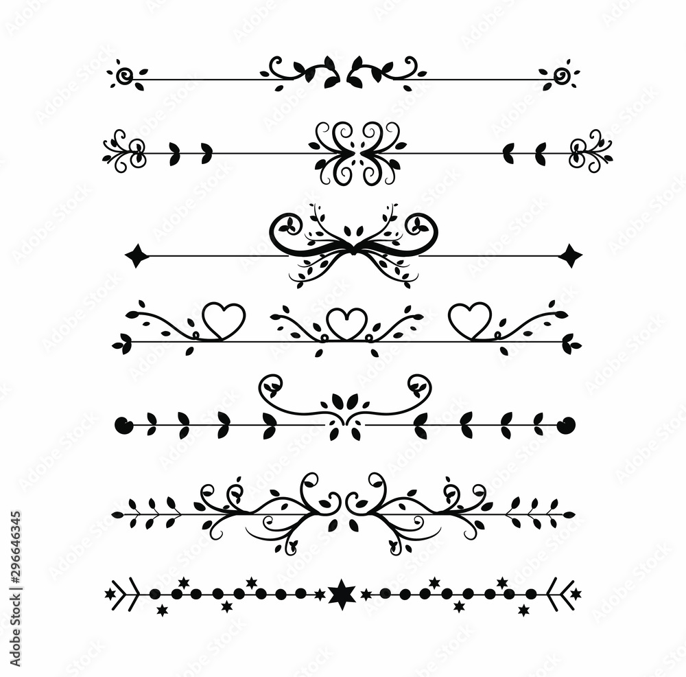 Decorative swirls dividers. Wreath ornaments with leaves vectors.   Set Collection of Vintage Ornament Elements, Hand drawn vector dividers. Doodle design elements. Floral elements illustration