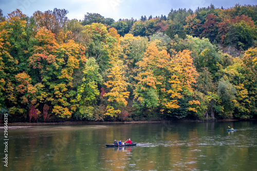 Bright autumn. Yellow and orange trees. Kelheim, Danube river, Germany autumn