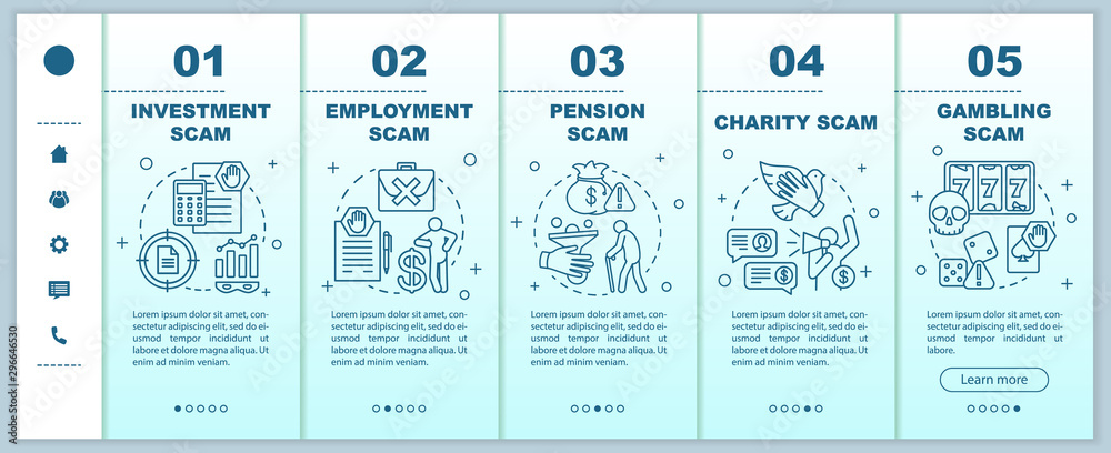 Scam types onboarding mobile web pages vector template. Responsive smartphone website interface idea with linear illustrations. Employment scam. Webpage walkthrough step screens. Color concept