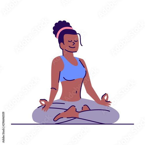 Girl sitting in lotus position flat vector illustration. Yoga class. Stress management. Young african american woman meditating isolated cartoon character with outline elements on white background