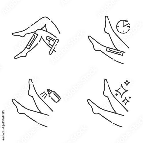 Leg waxing linear icons set. Shin hair removal with natural cold, hot wax process. Female body depilation steps. Thin line contour symbols. Isolated vector outline illustrations. Editable stroke